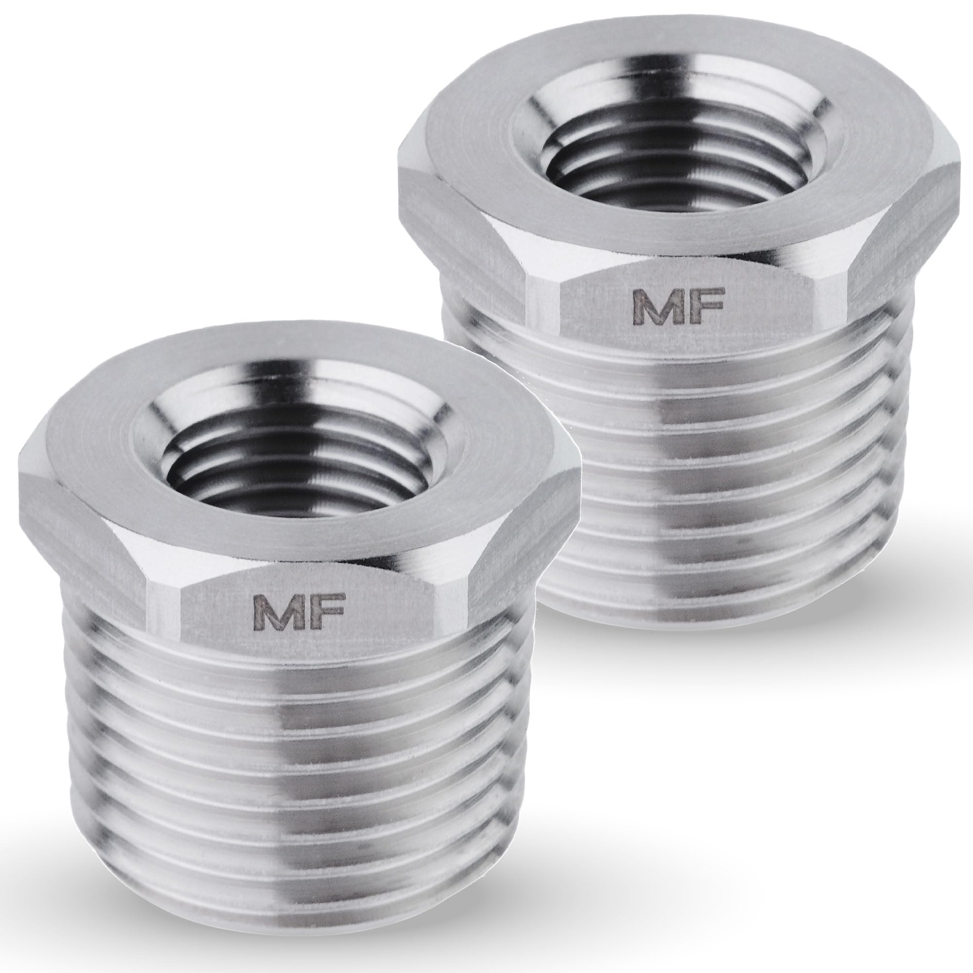 Reductor de buje hexagonal de acero inoxidable, NPT macho de 1/2 pulgada a NPT hembra de 1/4 pulgadas (paquete de 2)