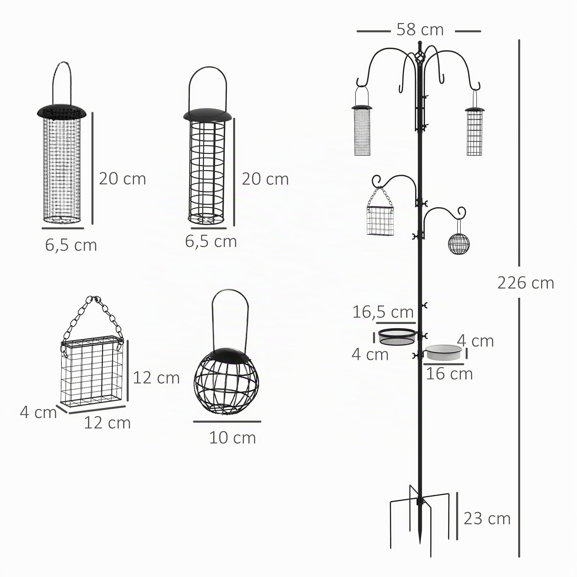 PawHut Station d'Alimentation Mangeoir à Oiseaux sur Pied 6 Crochets Noir | 4 Mangeoires Suspendues, pour Cacahuètes Graines Boules de Graisse