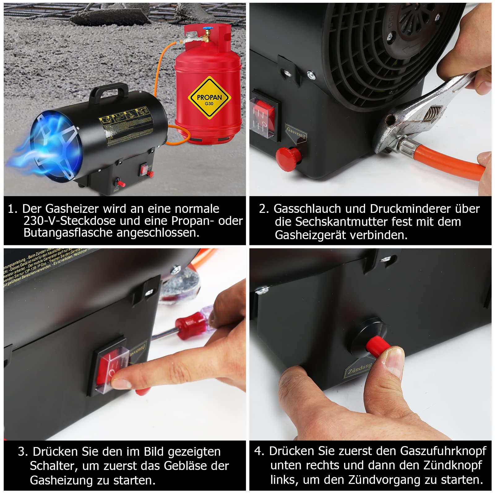 Ikodm Gasheizung für innenräume, 10KW 220V Gasheizgerät Gasheizer Gasheizgebläse Propangasheizgebläse 320 m³/h Luftdurchsatz, mit 1,2m Gasschlauch und 700 mbar Druckminderventil