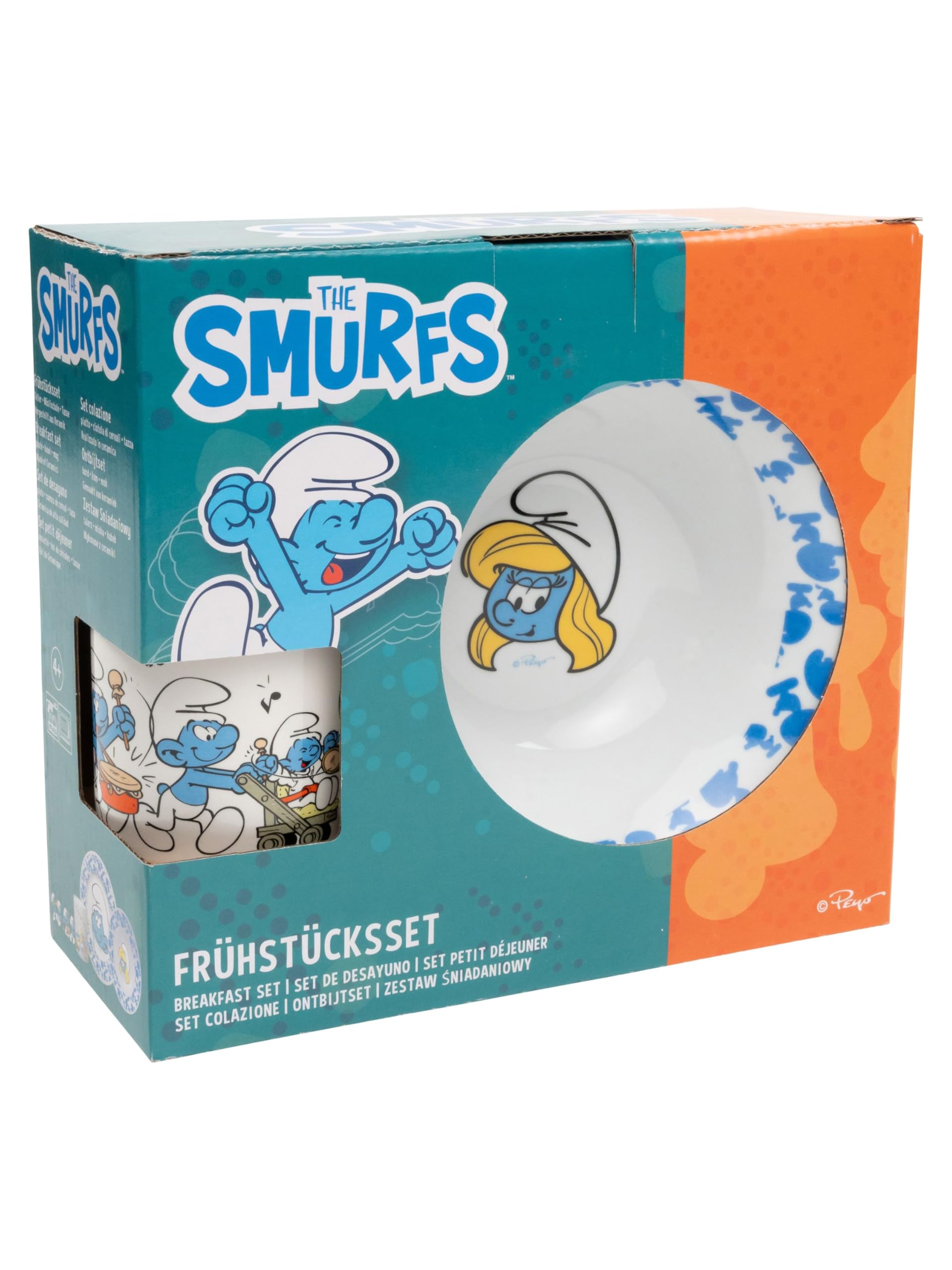 Set da colazione dei Puffi per bambini - Set di stoviglie 3 pezzi in porcellana con piatto, ciotola e tazza blu