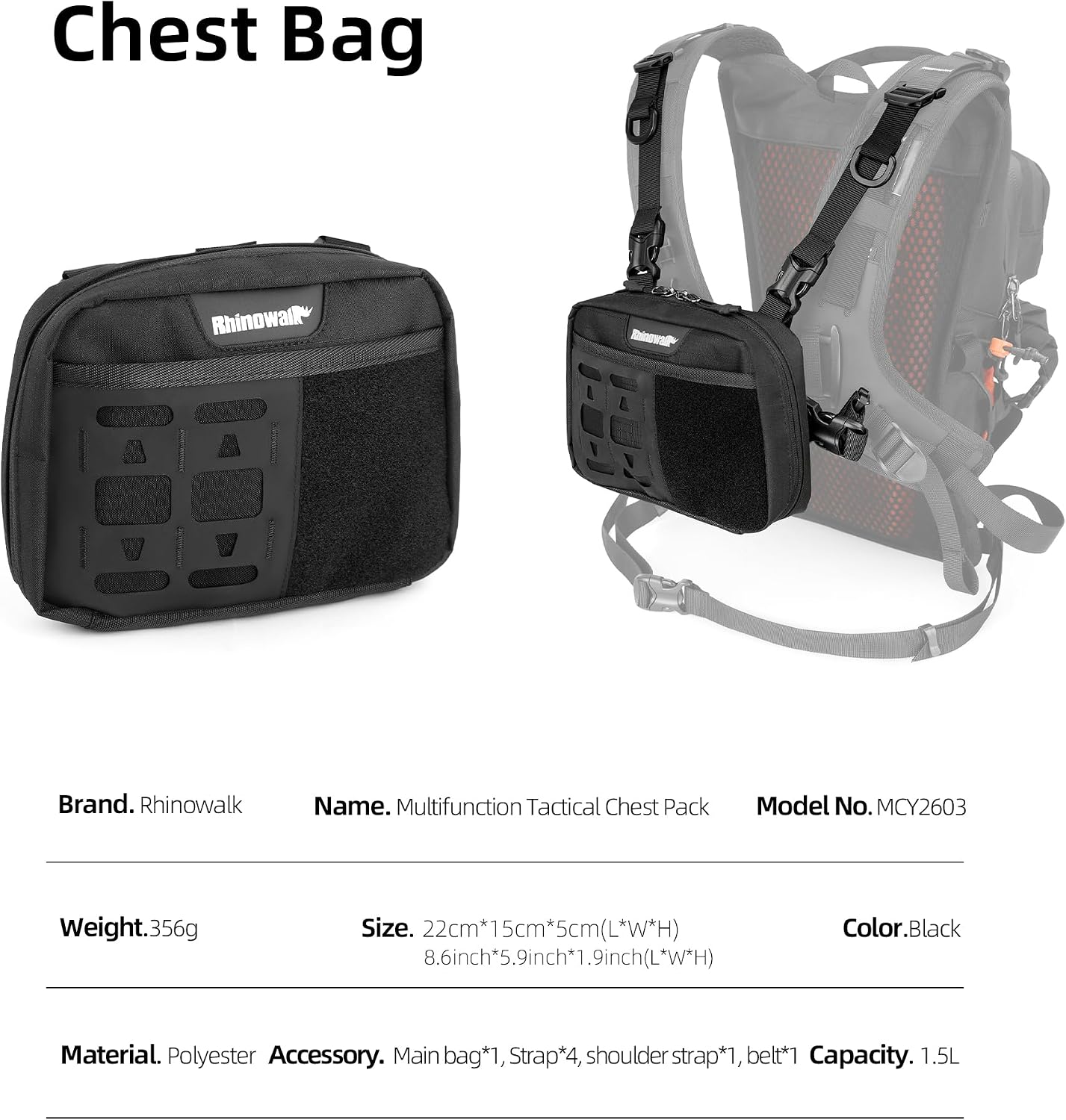 Rhinowalk 1.5L Tactical Chest Bag with MOLLE and Modular Attachment