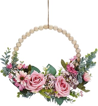 Artificial Flower Wreath,Wood Beads Rose Wreath, Indoor/Outdoor Farmhouse Wreaths for Front Door Decor