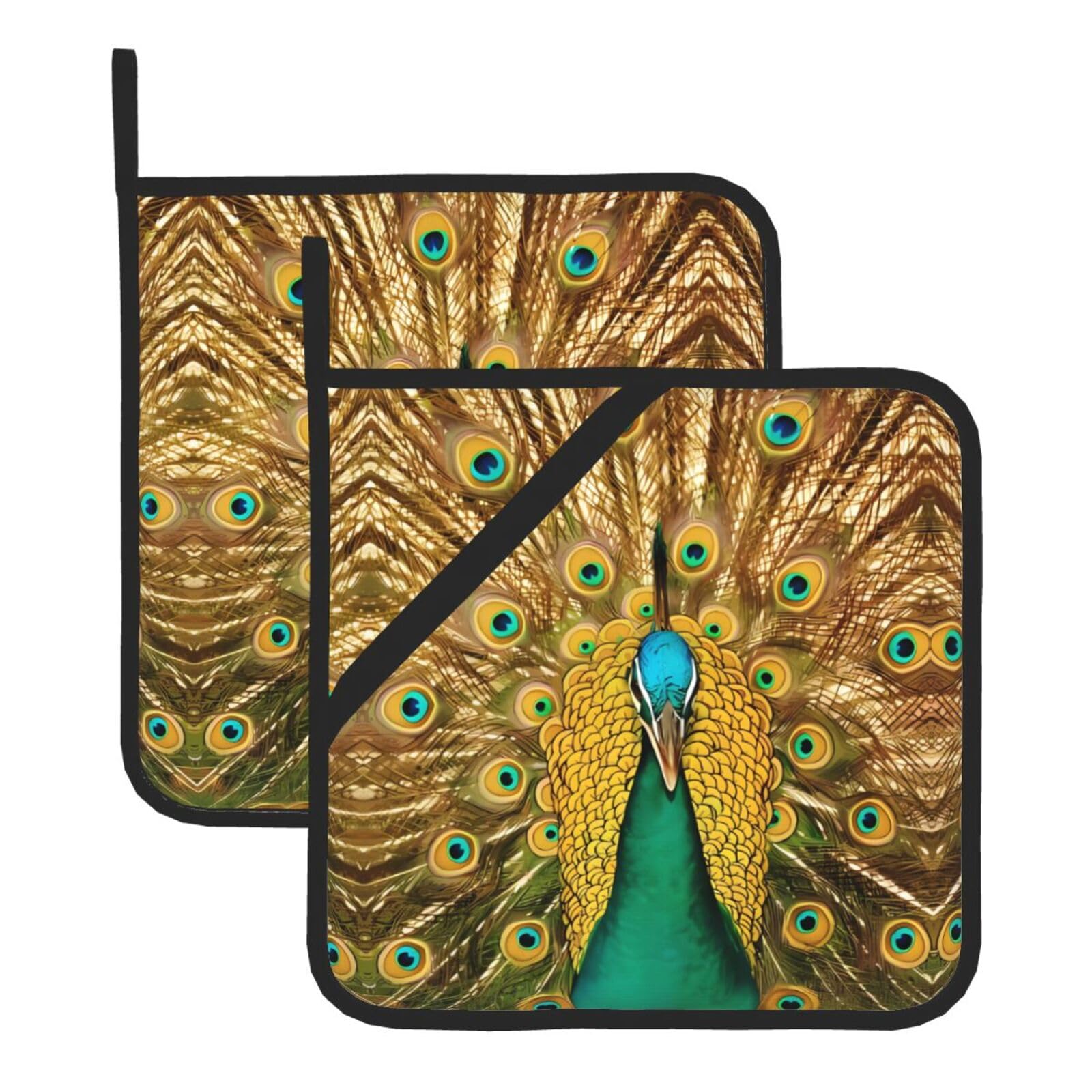 WHJSSF Peacock Prints Square Pot Holders - Heat Resistant Kitchen Trivets 2-Pack - Waterproof Covers for Hot Dishes, Oven & Grill with Hanging Loop