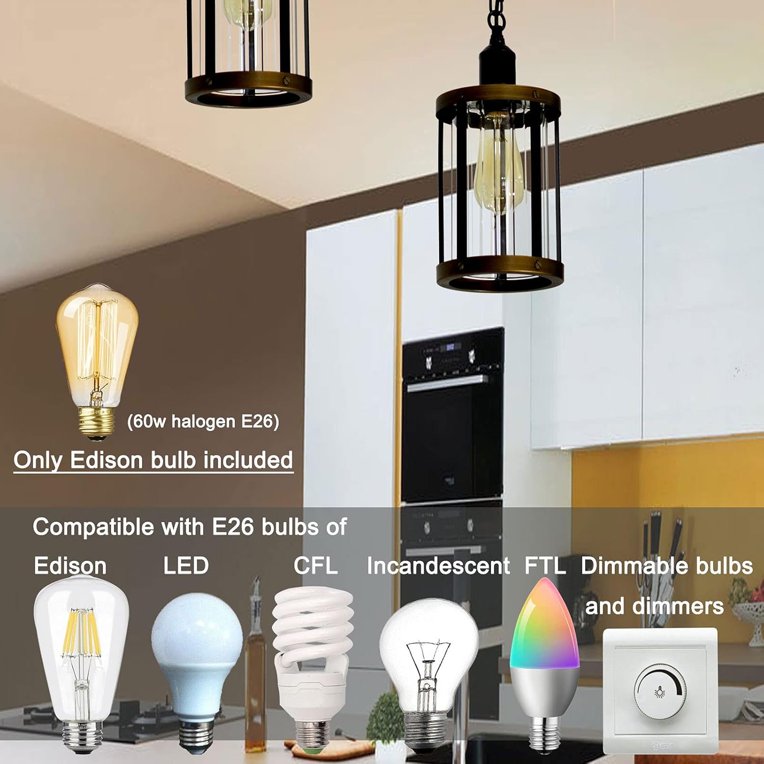 Black Pendant Lights Kitchen Island, Metal Hanging Light Fixture with Oil Rubbed Bronze Finish, 56.3 Inch Adjustable Chains for Flat and Slop Ceiling,Bedroom, Dining Hall, E26 Base