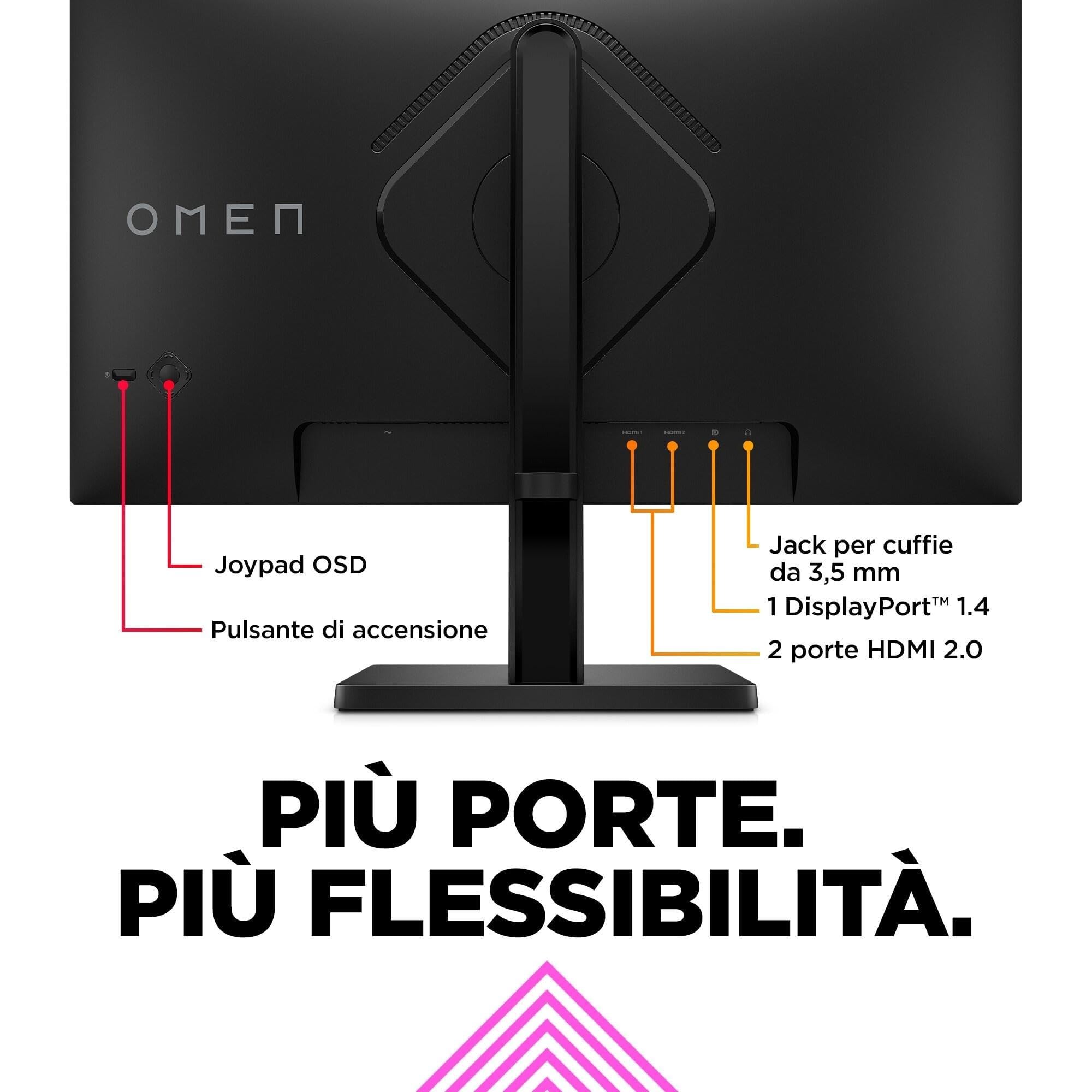 HP OMEN 24 FHD Monitor, Schermo da 24'' Full HD, Risoluzione 1920 x 1080 Pixel, Pannello IPS 16:9 da FHD – 165 Hz -1 ms, 1 ms, IPS - HDR 400-450 Nits, Antiriflesso, AMD FreeSync, USB, HDMI, Nero