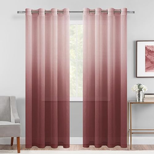 DWCN Ombre Sheer Curtains - Faux Linen Gradient Grommet Top Semi Voile Drapes for Bedroom and Living Room, Set of 2 Window Curtain Panels, 52 x 96 Inches Long, Burgundy