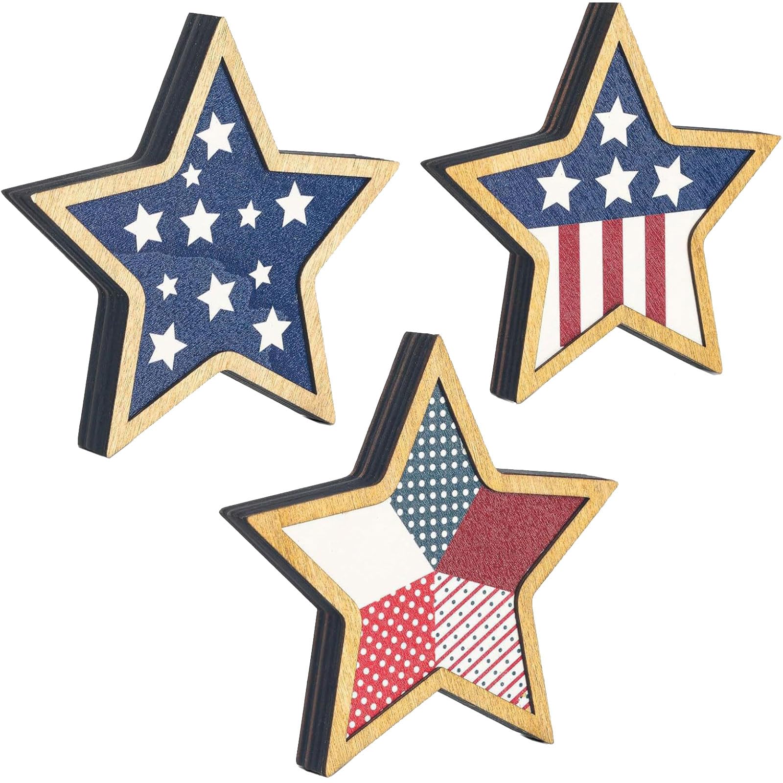 Jazuaiao Layered Wooden Star Decor Group with Traditional Colors for Memorial Day and July Celebration Glowing and Stripes Decor