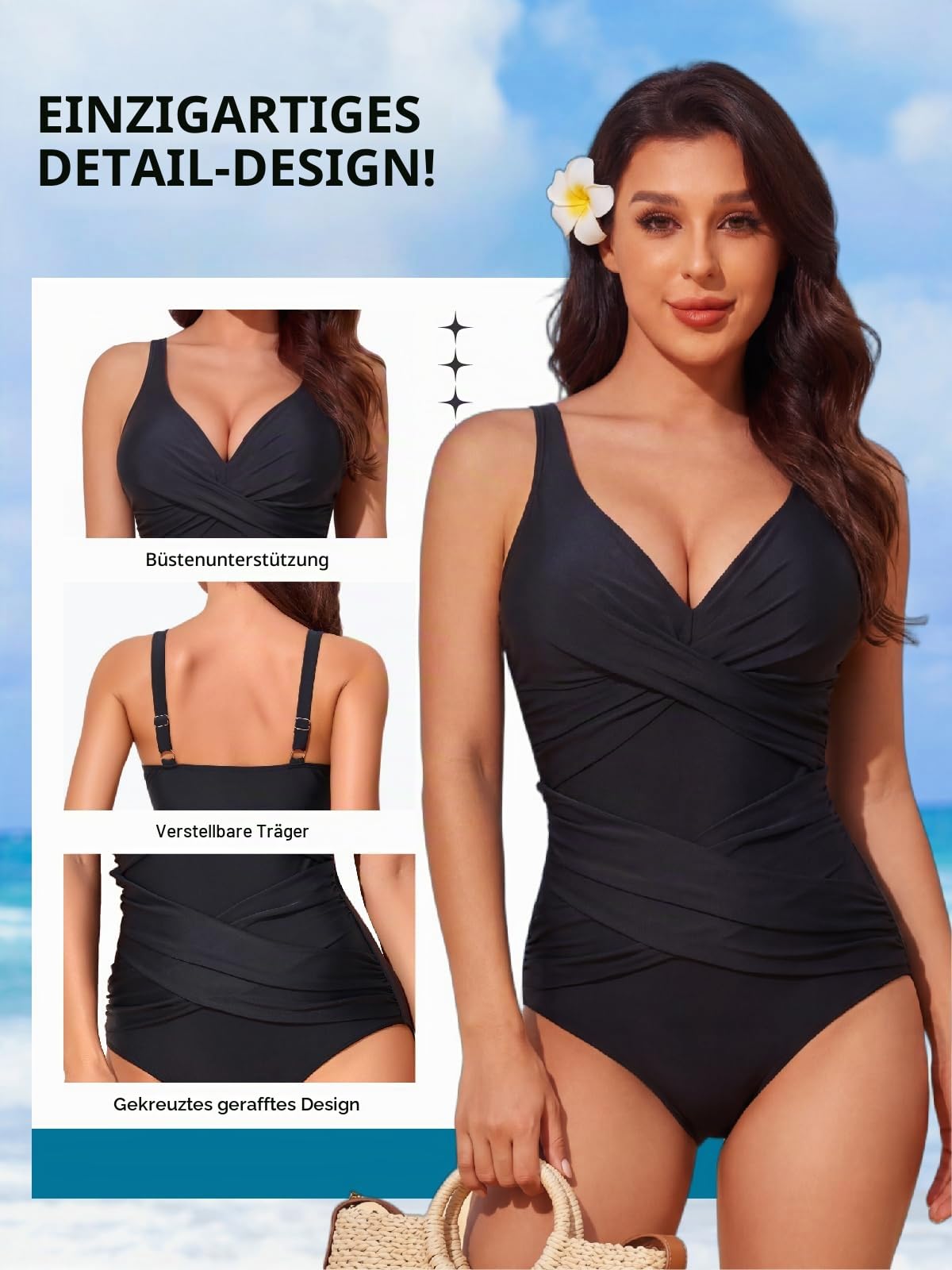 Smismivo Badeanzug Damen Bauchweg Push Up Schwimmanzug mit Retro Schlankheits Raffung Einteilige bademode Swimsuits for Women