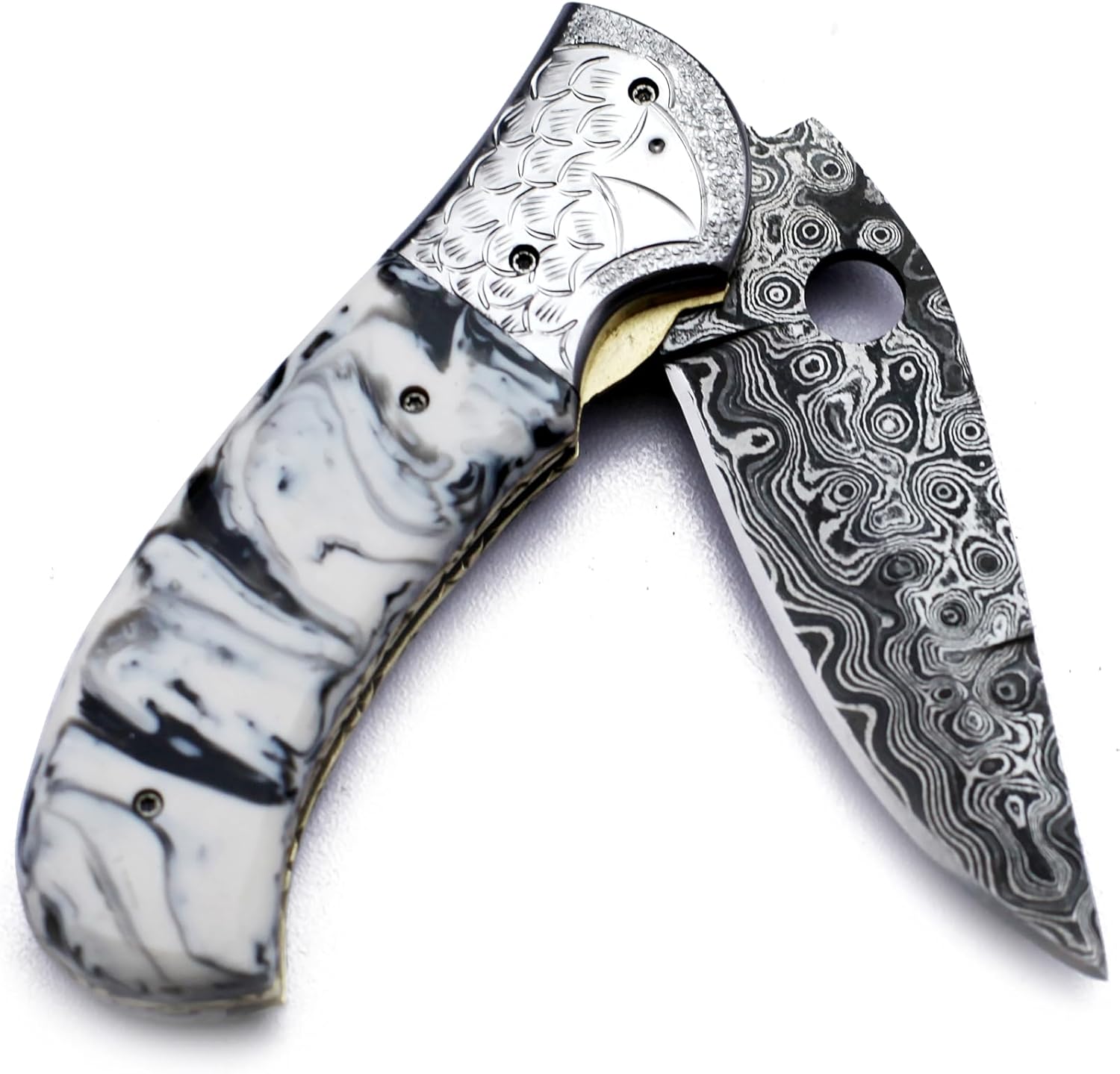 Damascus Handmade Folding Pocket Knife for Hunting And Graving Bolsters with resin sheet Handle with CowHide-Leather Sheath WFD-2563