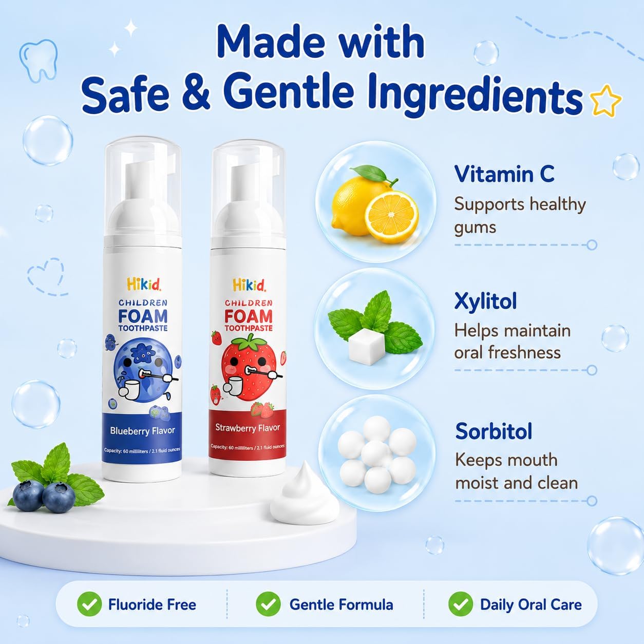 Foam Kids Toothpaste, Fluoride-Free Toddler Toothpaste, Non-Toxic and Edible, Prevents Tooth Decay, Baby Toothpaste for Electric Toothbrush, Teeth Whitening Toothpaste for Age 2+, 2.1 oz, 2 Pack