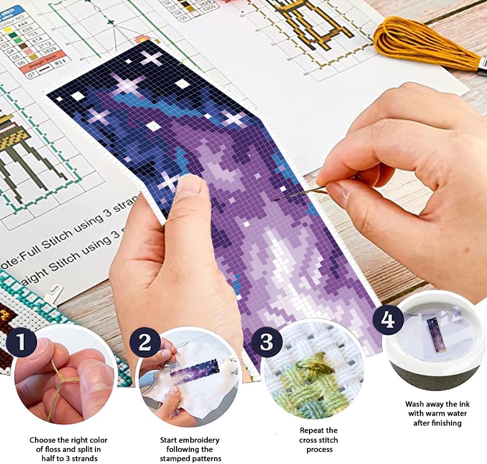 FREEBLOSS 6 Set Cross Stitch Bookmark Kit 11CT DIY Cross Stitch Kits Starry Sky Pattern Stamped Embroidery Kit with Instructions Bookmark Making Set for Adult Beginners 8x2.4inch