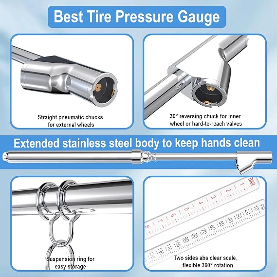 Truck Tire Pressure Gauge, Air Pressure Gauge for Tires 10-150PSI/1-10Bar