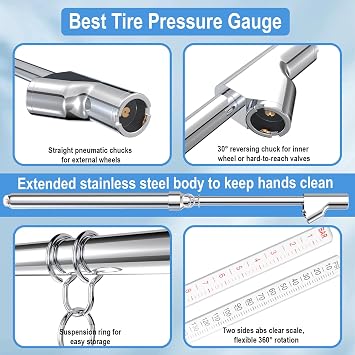 Truck Tire Pressure Gauge, Air Pressure Gauge for Tires 10-150PSI/1-10Bar