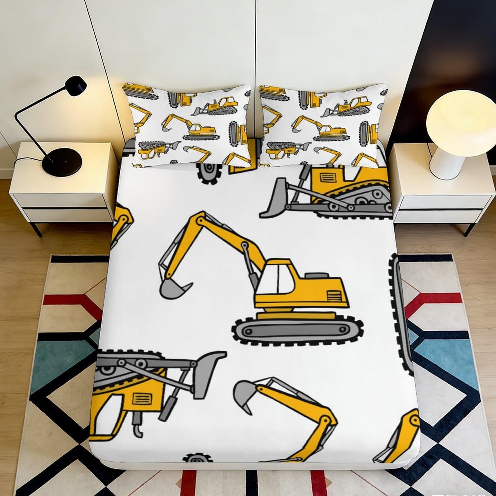 3D Printed Digger Pattern Fitted Sheet Microfiber Deep Pocket Non-Slip Construction Mattress Fitted Cover for Bedroom Teens Adults 120x200x25cm