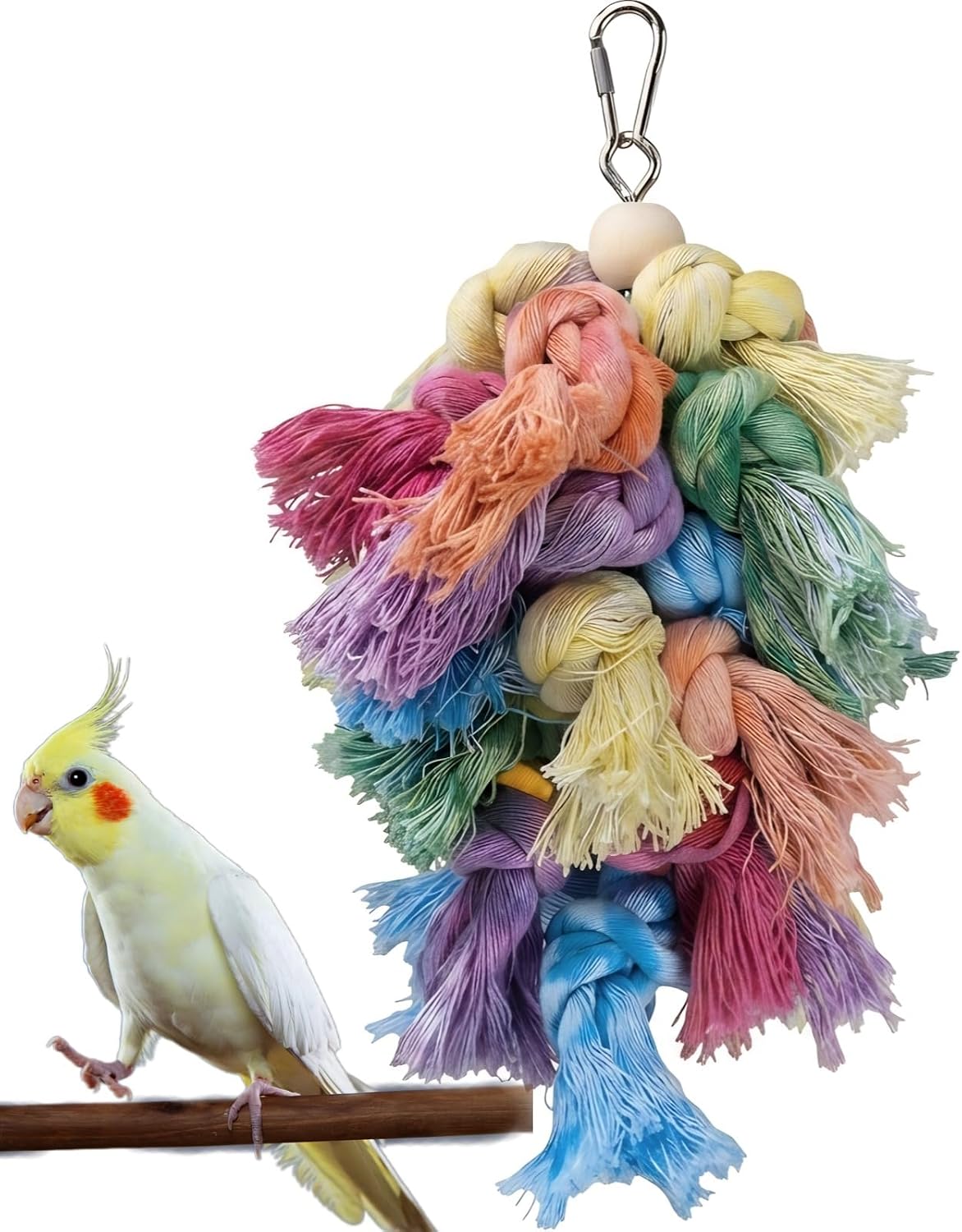 Natural Cotton Preening Toy for Birds.Soft Rope Enrichment Hanging Toy | For Cockatiels,Conures, Parakeets | Natural Preening Texture | Safe Screw Link | Small & Medium Parrot Toy