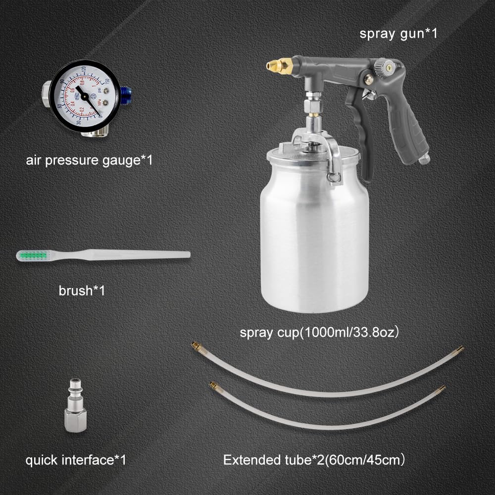 Pistolet natryskowy z przyssawką 1000 ml, 2 różdżki – 360° i proste węże natryskowe, pistolet do powlekania wykładziny łóżek ciężarowych, gumowany podkład, odporny na rdzę