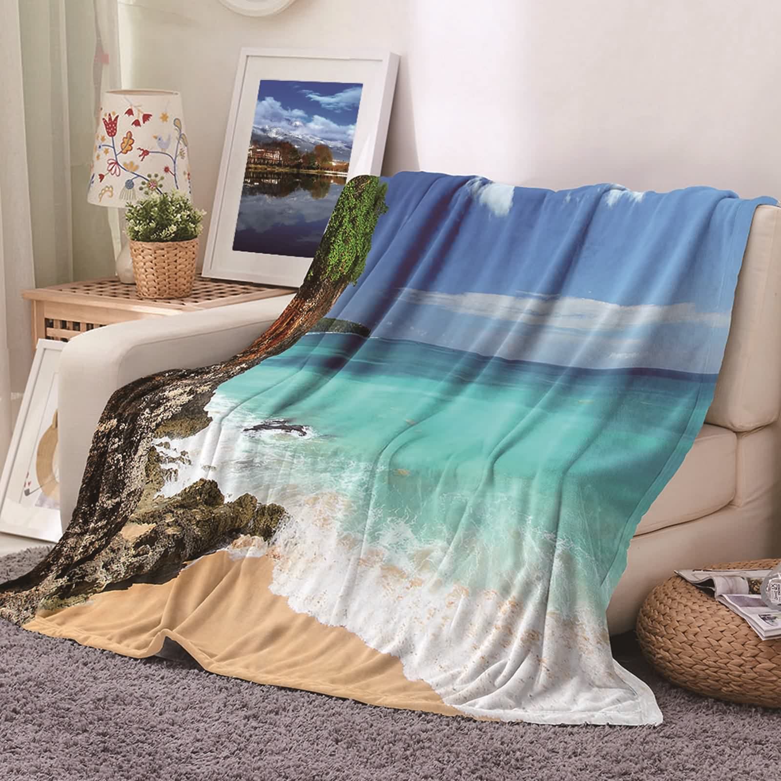 Couverture plaid en flannel KnSam 180x200cm bleu mer pour lit et canapé