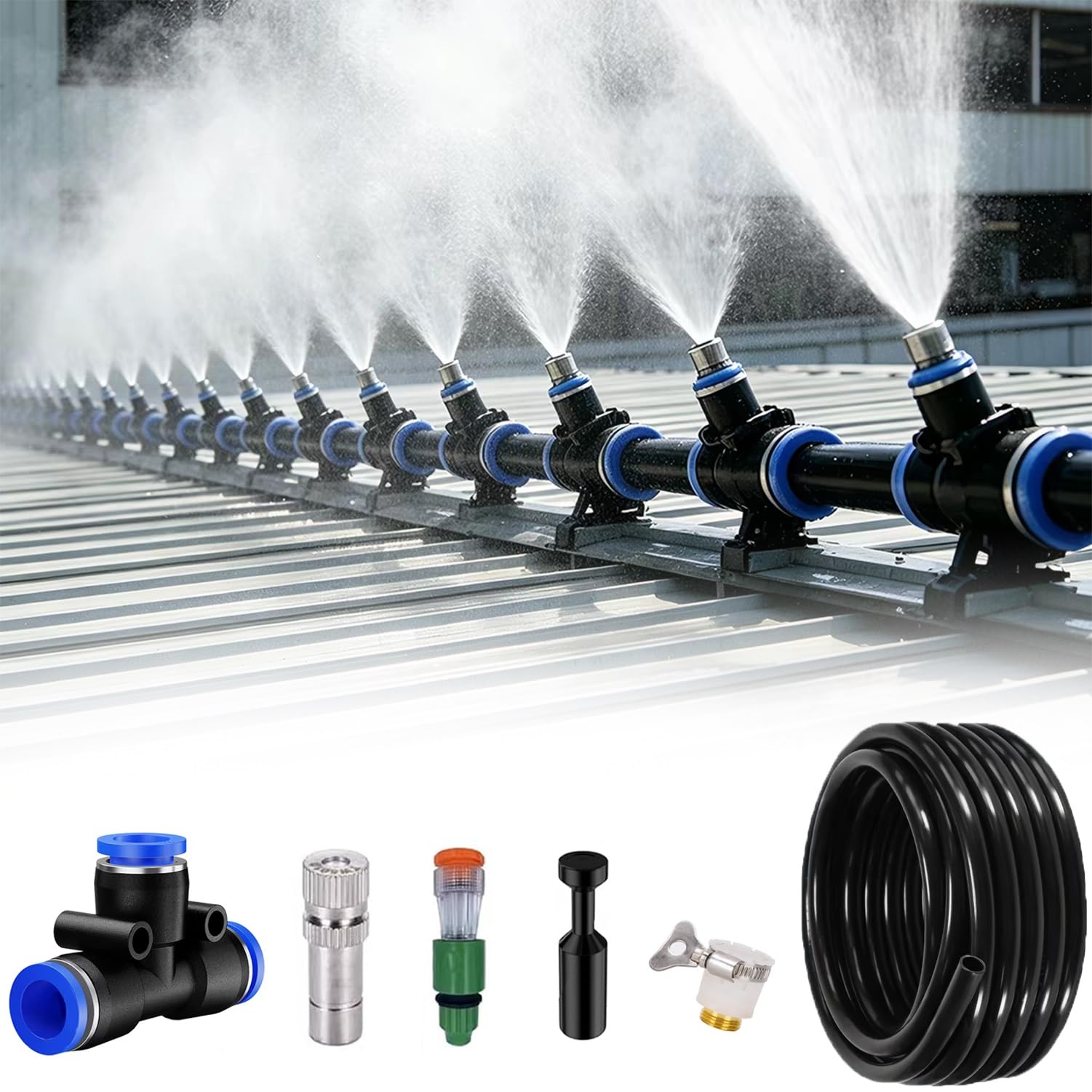 Kit di Irrigazione A Nebulizzazione, Sistema di Raffreddamento per Esterni con Ugello Regolabile E Filtro per L'acqua per Tetti/Serre/Piante | 70m/230ft