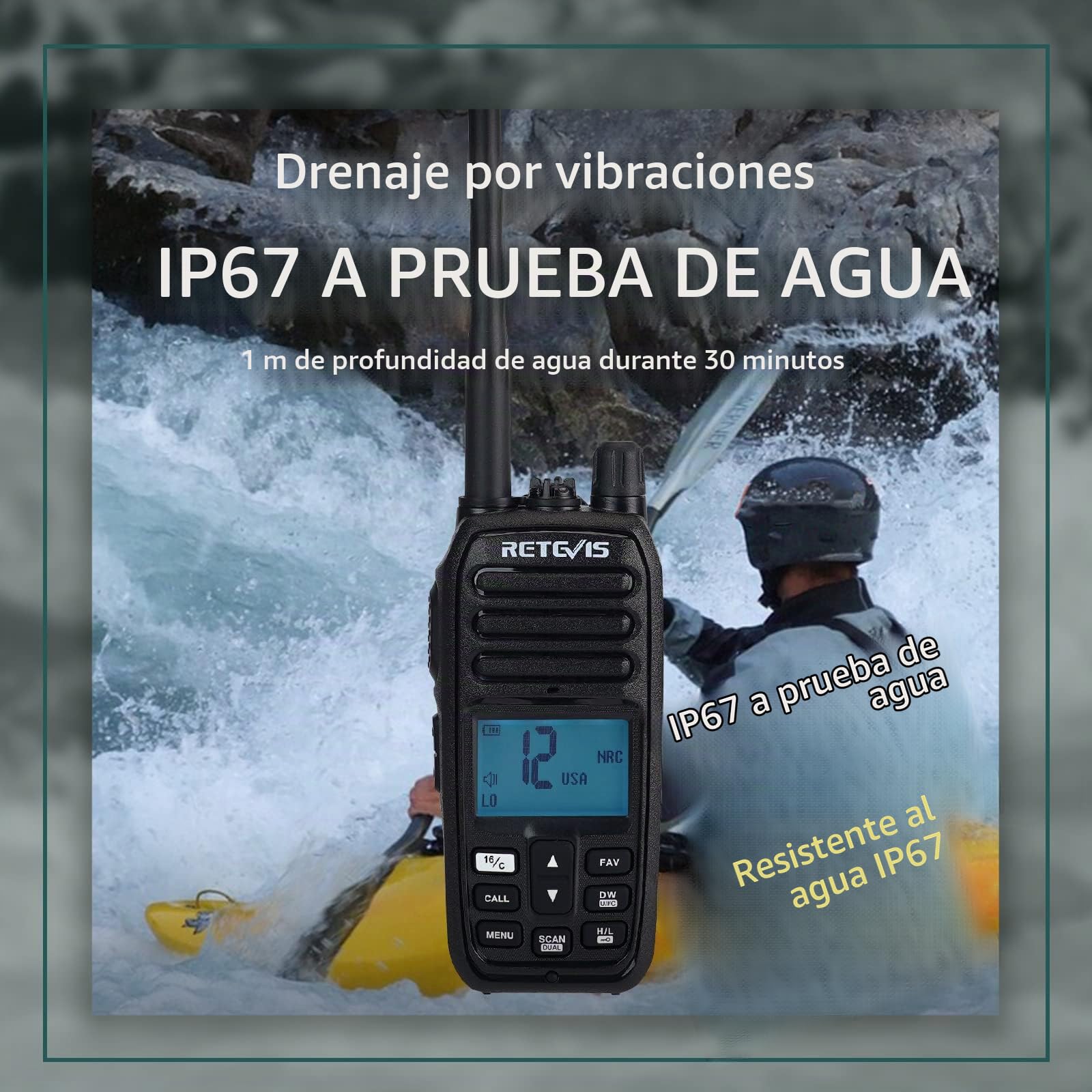 Retevis RM21 Radio Marina Portatil, Emisora VHF Marina IP67, Reducción de Ruido Inteligente AI, Radio Bidireccional Flotante de 88 Canales para Guardacostas, Kayak, Pesca (Negro, 1 Paquete)