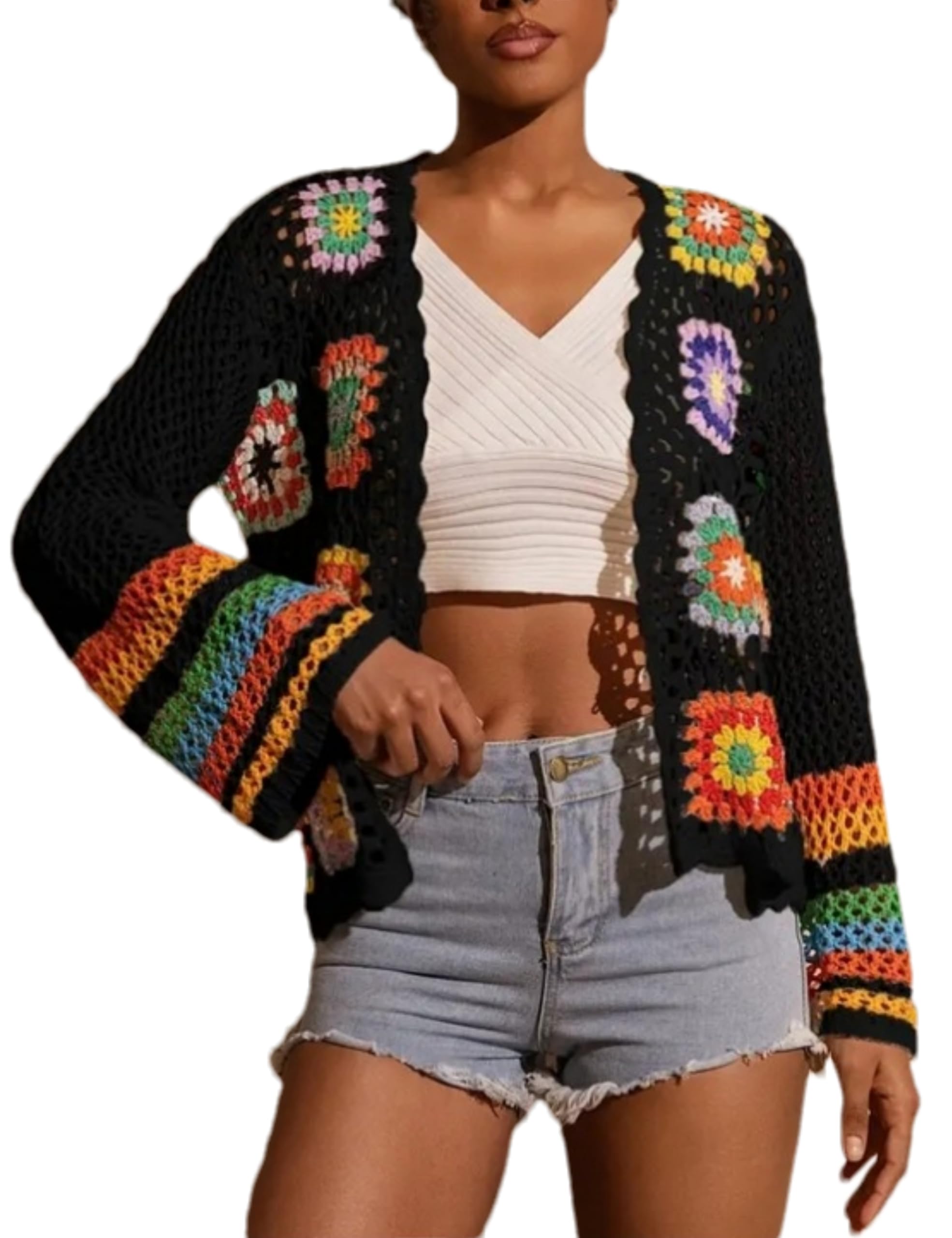 Womens Vintage Crochet Granny Square Cardigan Floral Knitted Y2K Retro Long Sleeve Open Front Boho Chic Sweater