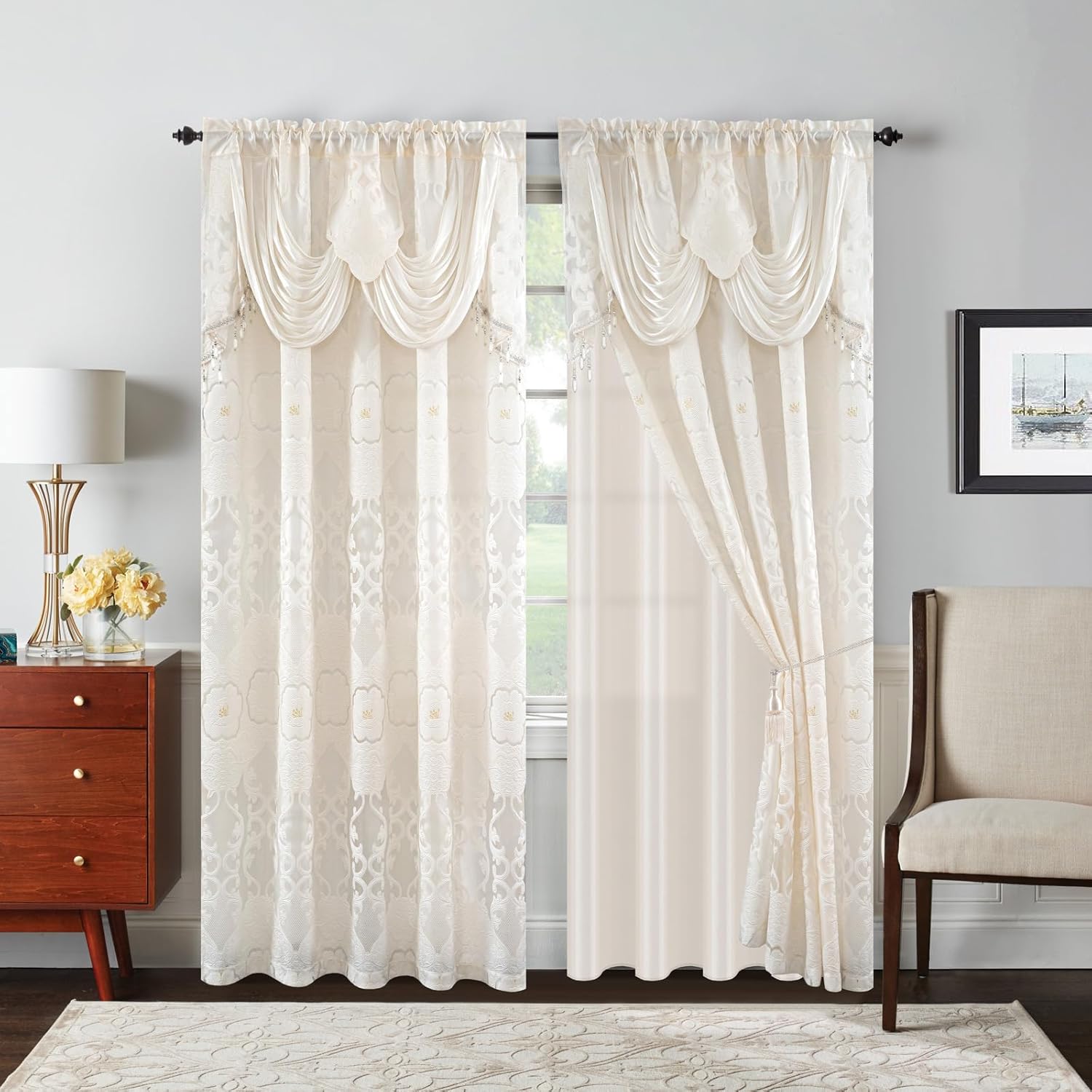 Petrichor Ivory Sheer Jacquard Voile Curtains （54" W x 84" L）, 2 Panels with Attached Valance, Double Layer Floral Cutwork Beige with Luxurious Texture, Rod Pocket, for Bedroom & Living Room