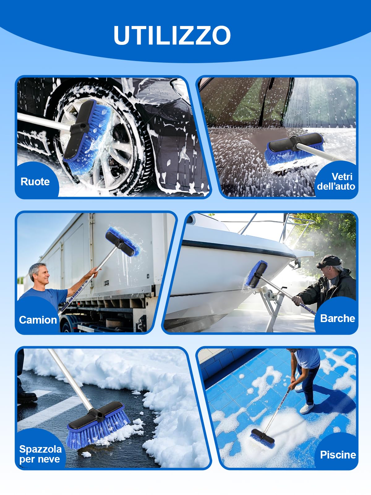 ZimiTeda Spazzola per autolavaggio con Manico Lungo in PBT, Testina Grande da 25 cm con setole morbide, paraurti in Gomma, Ideale per Ruote, Camper, SUV, Barche, Camion 151 cm