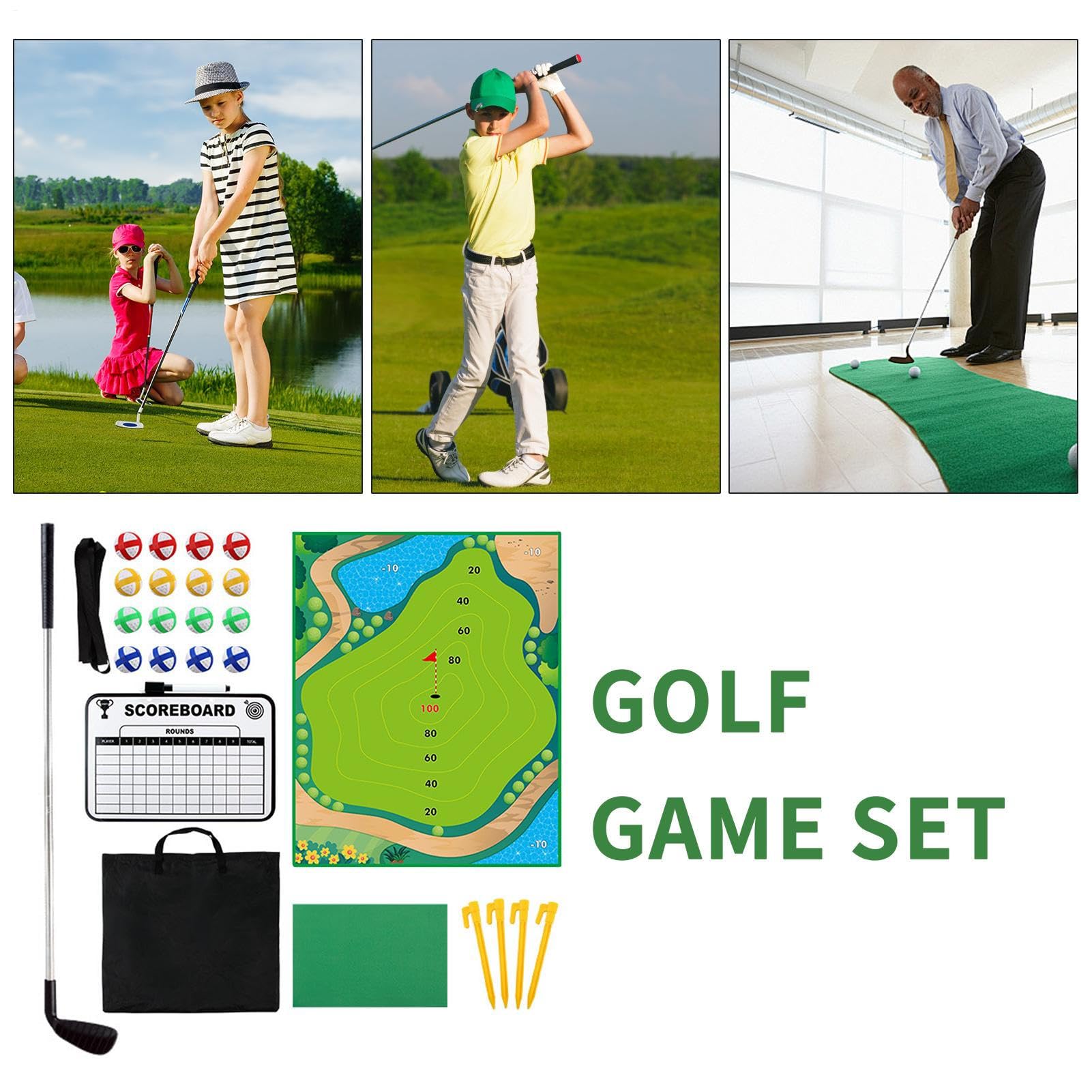 Chipping Game, Kids Sticky Golf Set, 120x150cm Large Play Mat, Reusable Practice Equipment, Putting Green Trainer with Casual Style, Game Set for Beginner Adults Family
