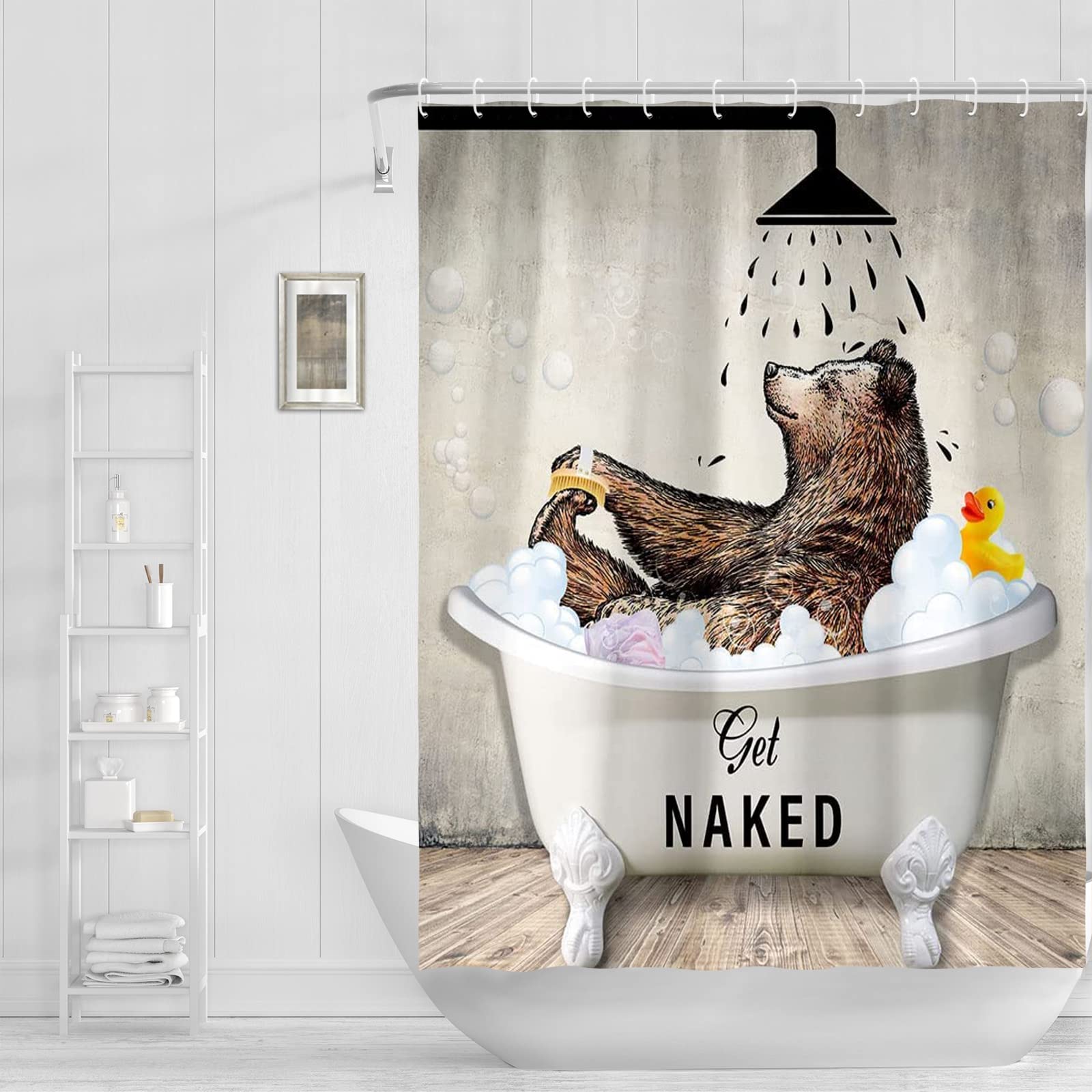 Abaysto Fun Brown Bear Get Naked Shower Curtain - Cute Wild Animal in Bathtub Set for Kids, Rustic Farmhouse Woodland Barn Retro Bathroom Decor