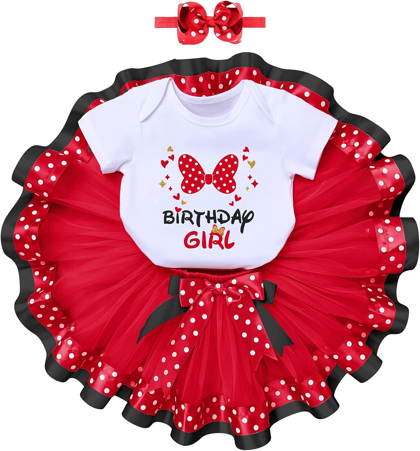 IBTOM CASTLE Toddler Birthday Girls Princess Party Outfit Polka Dots Top Shirts Tutu Skirt Set Ears Cake Smash