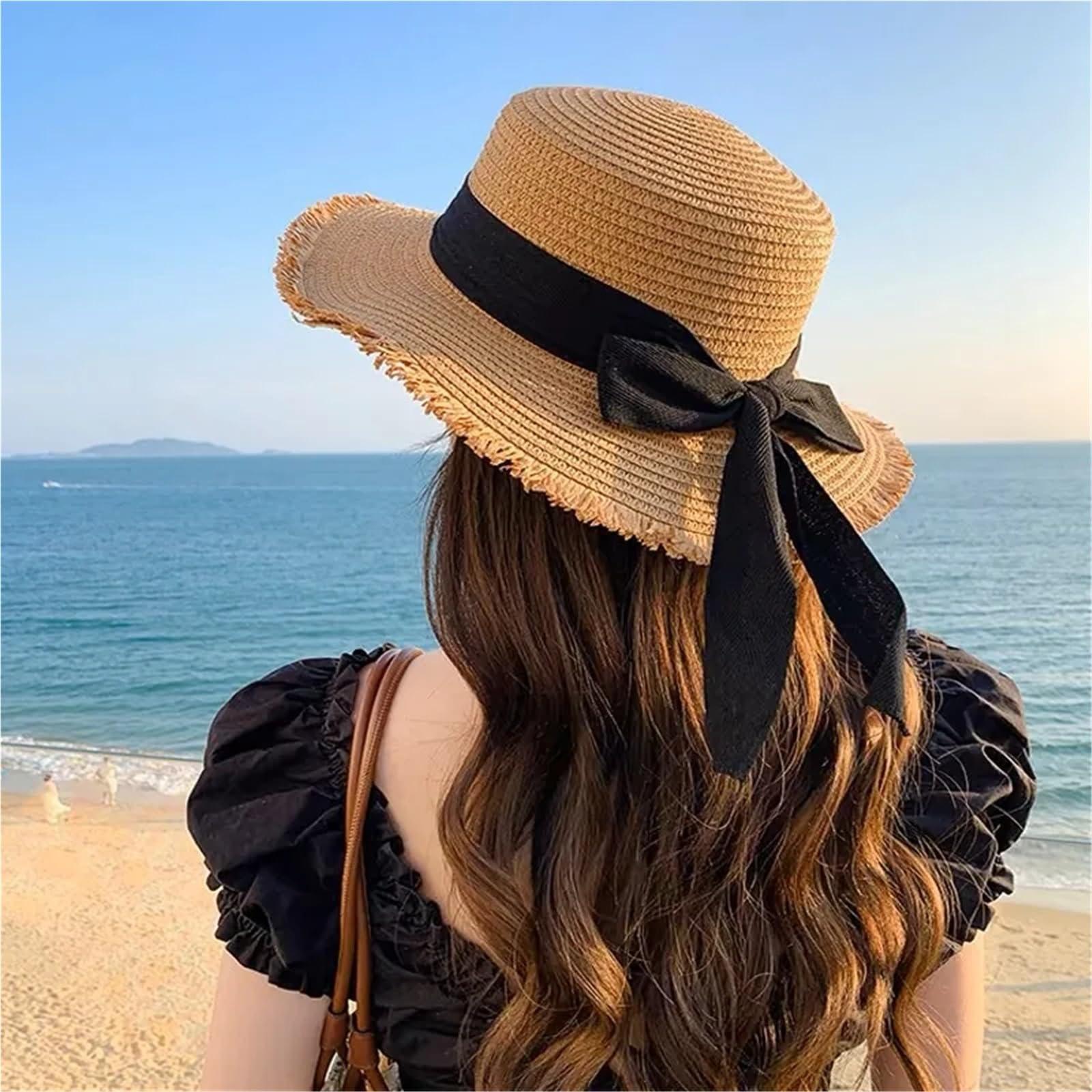 Sombrero Paja Verano Pajarita Correa Sombrero de Paja Mujer al Aire Libre ala Ancha Sol Playa Vacaciones protección UV Mujeres densas | 1-Khaki White