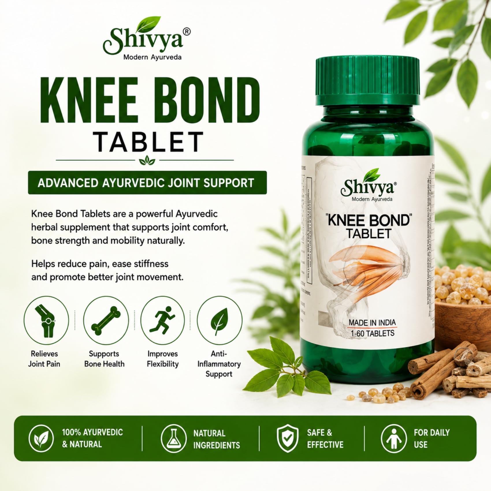 A SHIVYA Product- Ayurvedic Knee Bond, Relieves Joint Pain & Stiffness, Reduce Muscle Pain, Support Mobility & Cartilage Health, 60 tablets 4