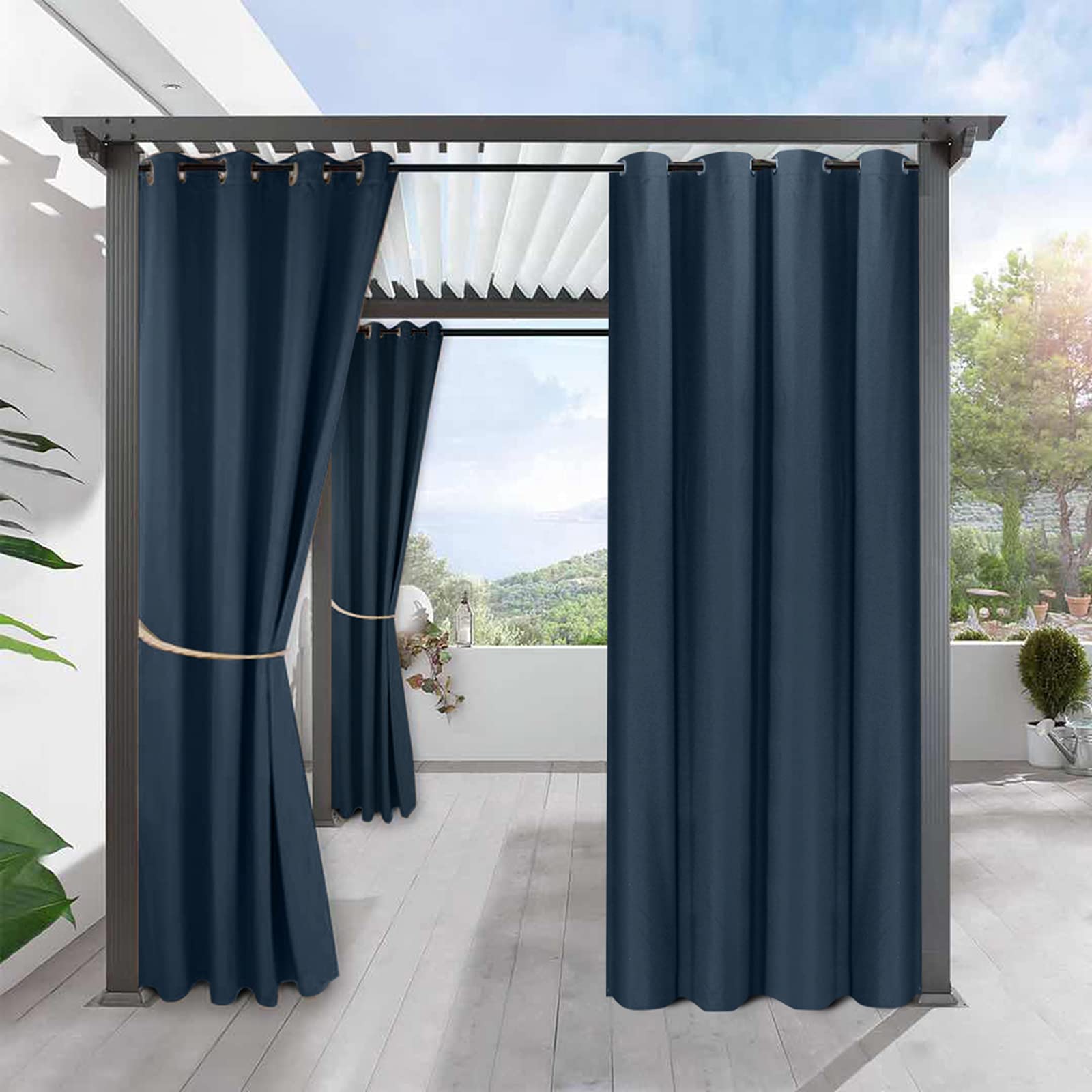 LDIW Outdoor Vorhänge Wasserabweisend 2 Stück Gardinen Verdunkelungsvorhang mit Ösen für Terrasse/Balkon Sichtschutz Gardinen,Blau,W134*H210cm