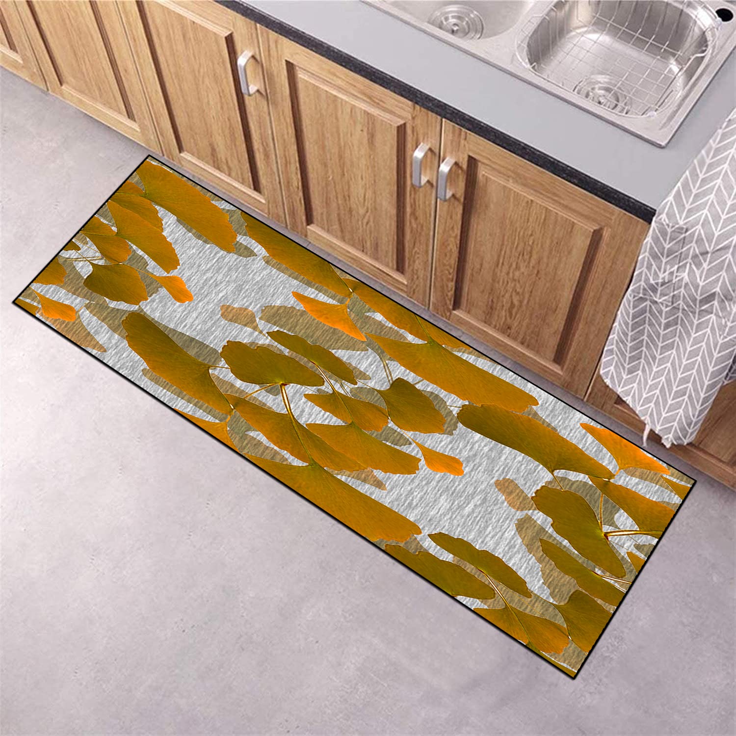 LIHY Teppich Läufer für Flur Küche rutschfest 60×100cm Nordisches grau-gelbes Blattmuster Teppichläufer Flurteppich Waschbar für Schlafzimmer Wohnzimmer, Breite 60cm/ 80cm/ 100cm/ 120cm
