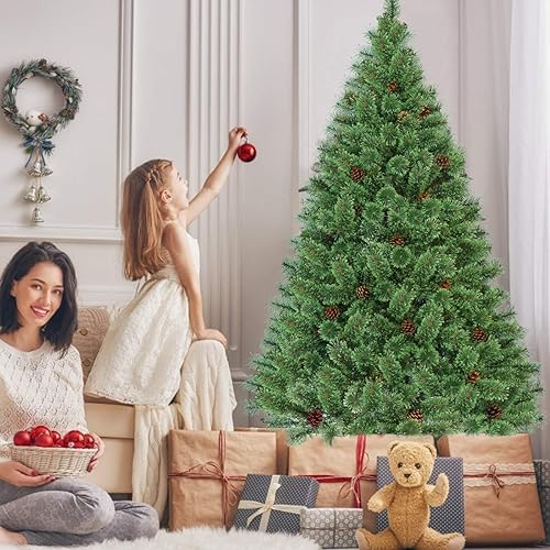 Miniatura 3 de HAPPYGRILL Árbol de Navidad artificial con bisagras de 6 pies con 484 puntas y 260 luces LED, 49 conos de pino y soporte de metal plegable,