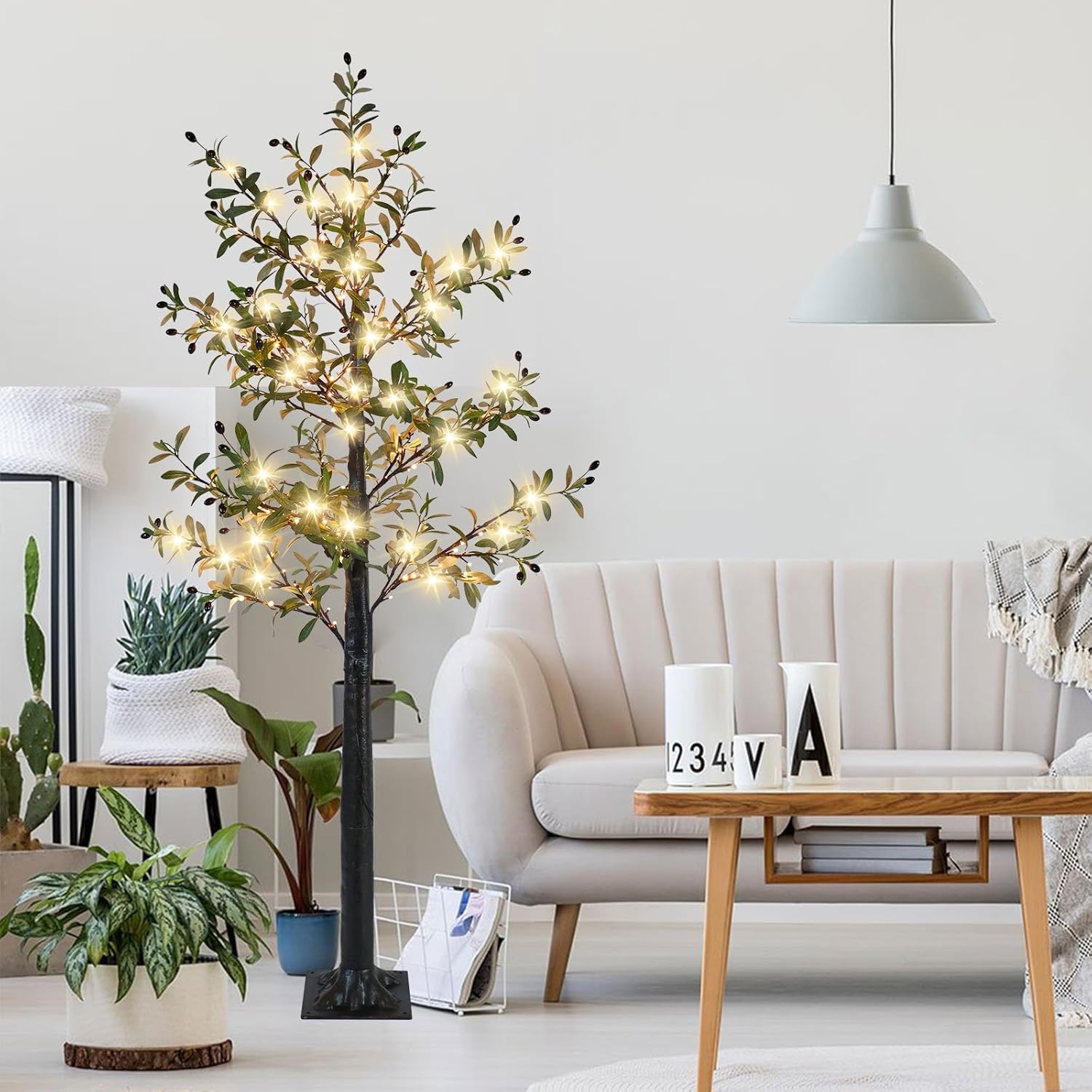 Lighted Olive Tree, 160 LED Warm White Lights, 6FT Artificial Plant with Olive Fruits, Easy Assembly for Christmas Party Home Office Wedding Indoor Spring Tree Outdoor Decorations - Image 4