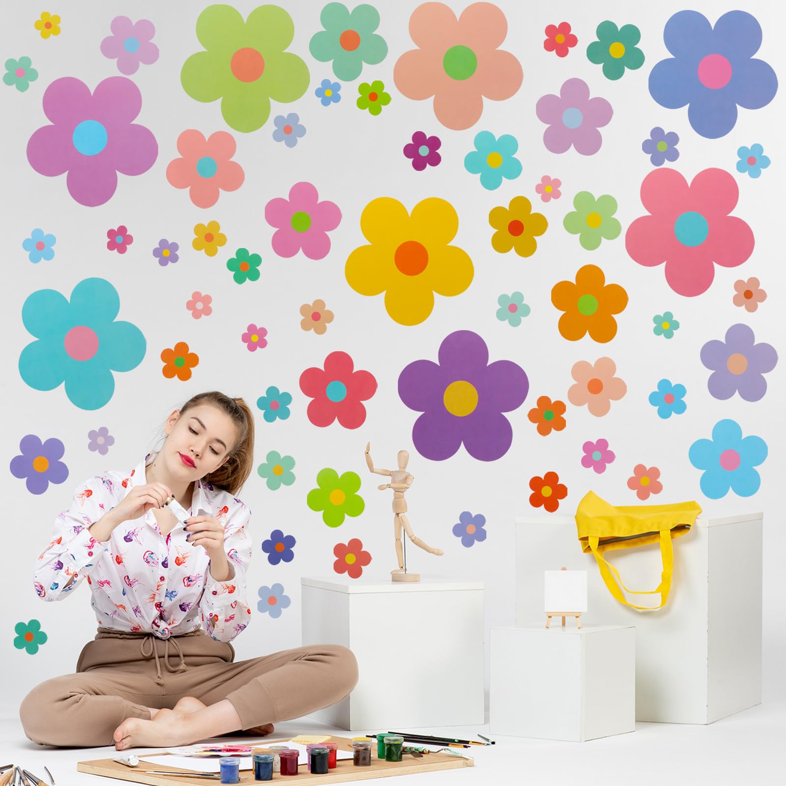 Ouligay 63 Pcs Cute Flower Wall Stickers,Wall Stickers for Girls Room,Colorful Flower Decals for Walls Teen Girls Boy Kids Nursery Bedroom Kindergarten Classroom Wall Art Decor - Image 3