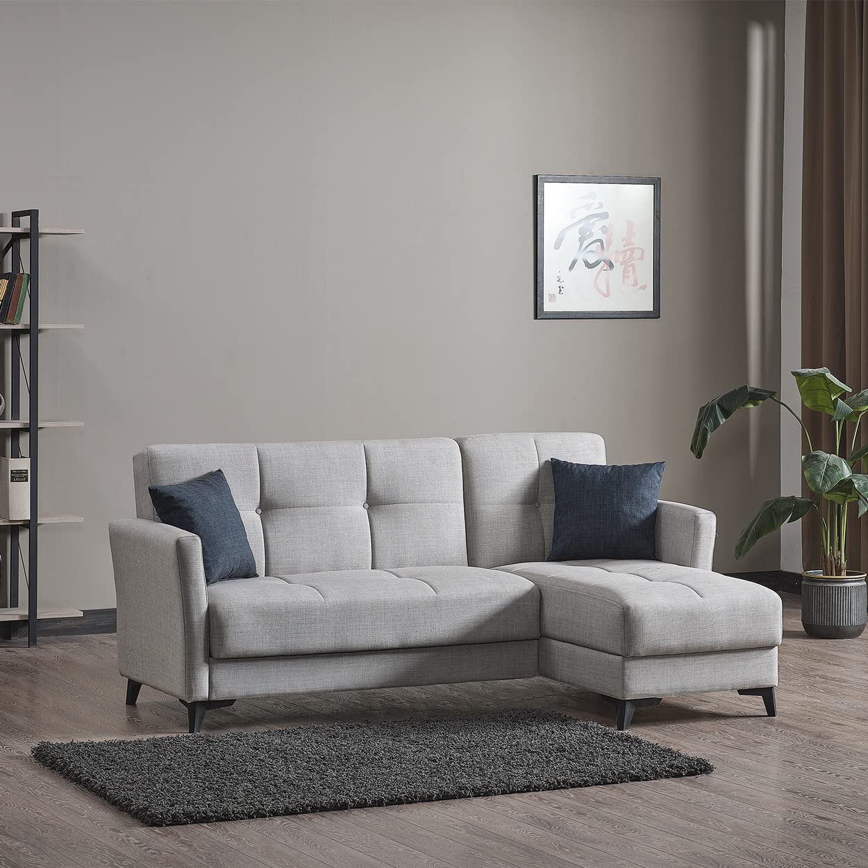EVERGREENWEB Divano letto 3 Posti con Contenitore Trasformabile, Divano Angolare con Penisola Chaise Longue, Schienale Reclinabile 3 Livelli Clic Clac, Morbido Tessuto Imbottito Beige, Braccioli Slim