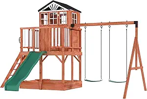 Wooden Swing Set for Kids,8 in 1 Outdoor Playset with Sandbox & Play Kitchen, 2-Seat Swing, Wave Slide, Corner Seats, Backyard,Patio