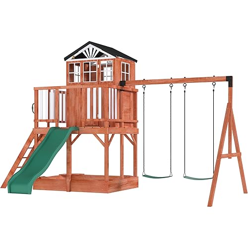 Wooden Swing Set for Kids,8 in 1 Outdoor Playset with Sandbox & Play Kitchen, 2-Seat Swing, Wave Slide, Corner Seats, Backyard,Patio