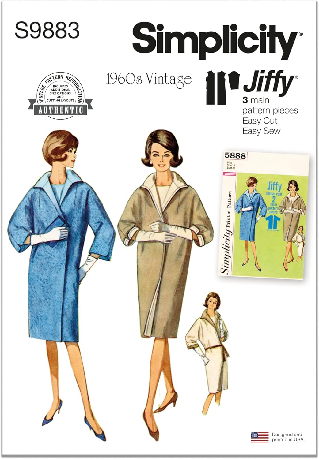 Simplicity Misses' Vintage 1960's Reversible Kimono Sleeve Coat Sewing Pattern Packet, Design Code S9883, Sizes 18-20-22-24-26