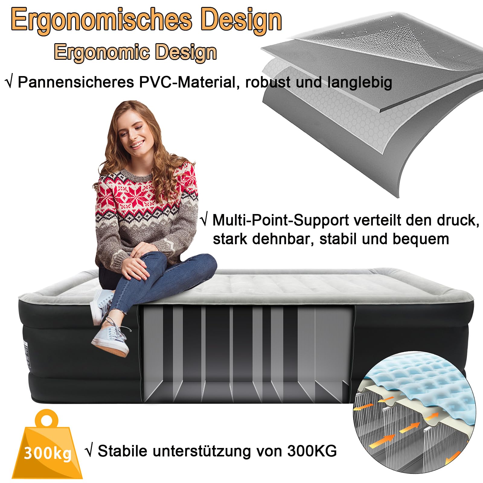 LZQ Luftmatratze Camping Aufblasbare Matratze Luftmatratze Selbstaufblasend Luftbett mit eingebauter elektrischer Pumpe für Camping & Gästebett (187 x 90 x 46cm)