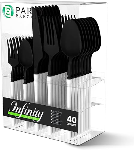 Party Bargains Juego de cubiertos desechables de plástico negro y blanco, utensilios de diseño moderno infinito, paquete de 40 16 tenedores, 8