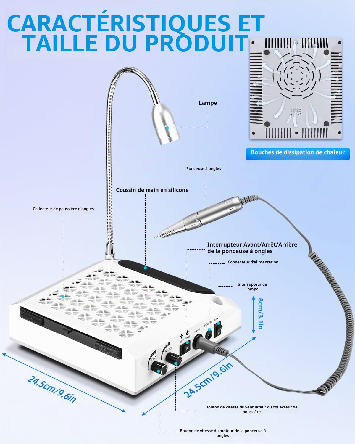 4 In 1 Ponceuse pour Ongles Professionnel, Aspirateur Poussiere Ongle, Repose Main Ongle avec Réglable à 360° Lumière Led, 30000 Rpm Lime a Ongle Electrique, Machine a Ongle pour Salon/Maison