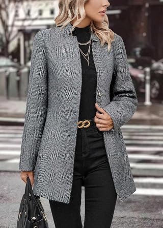 chouyatou Women's Business Casual Herringbone Wool Coat Button Up Notch Collar Dressy Blazer Jacket
