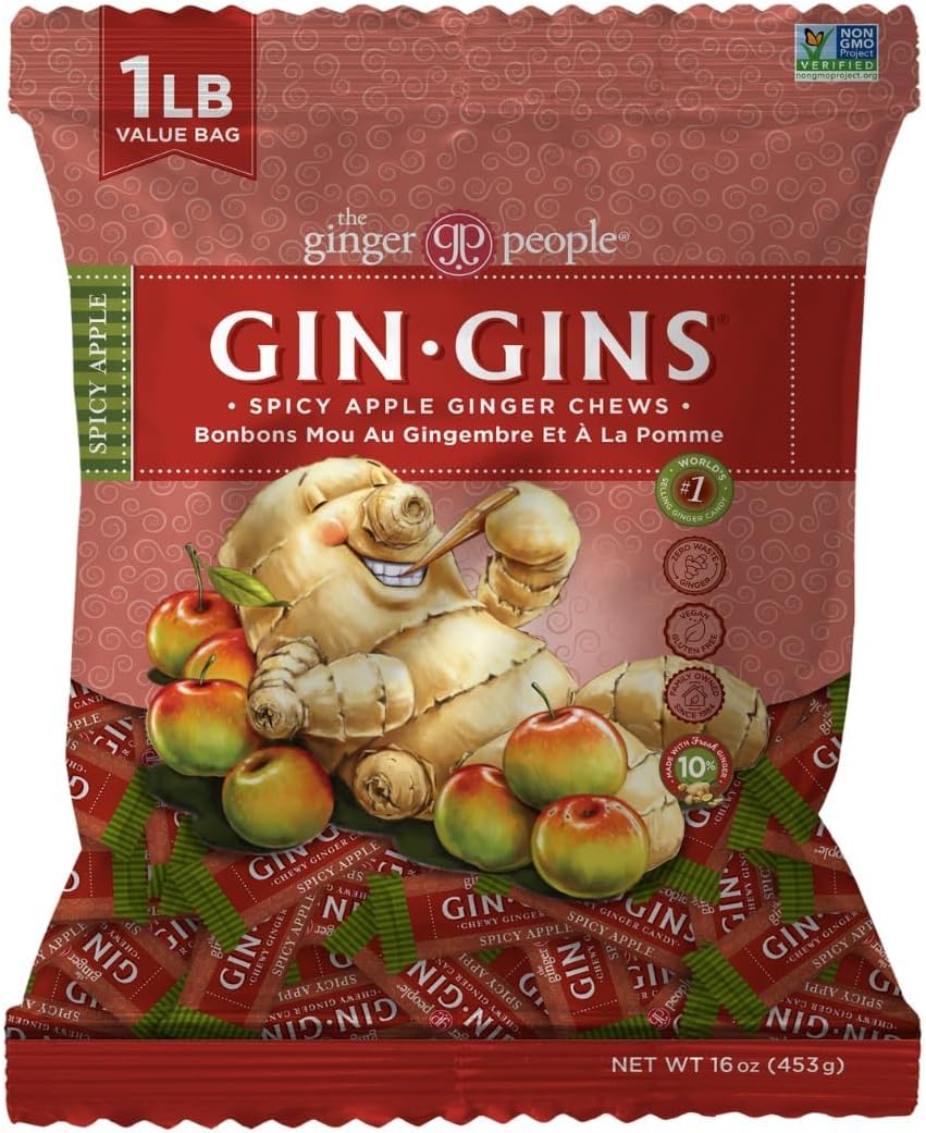 GIN GINS Spicy Apple Ginger Chews – Natural Fresh Ginger Candy by The Ginger People – Individually Wrapped Healthy Candy – Spicy Apple Ginger Flavor – Large 1 lb Bag (16oz) – Pack of 1