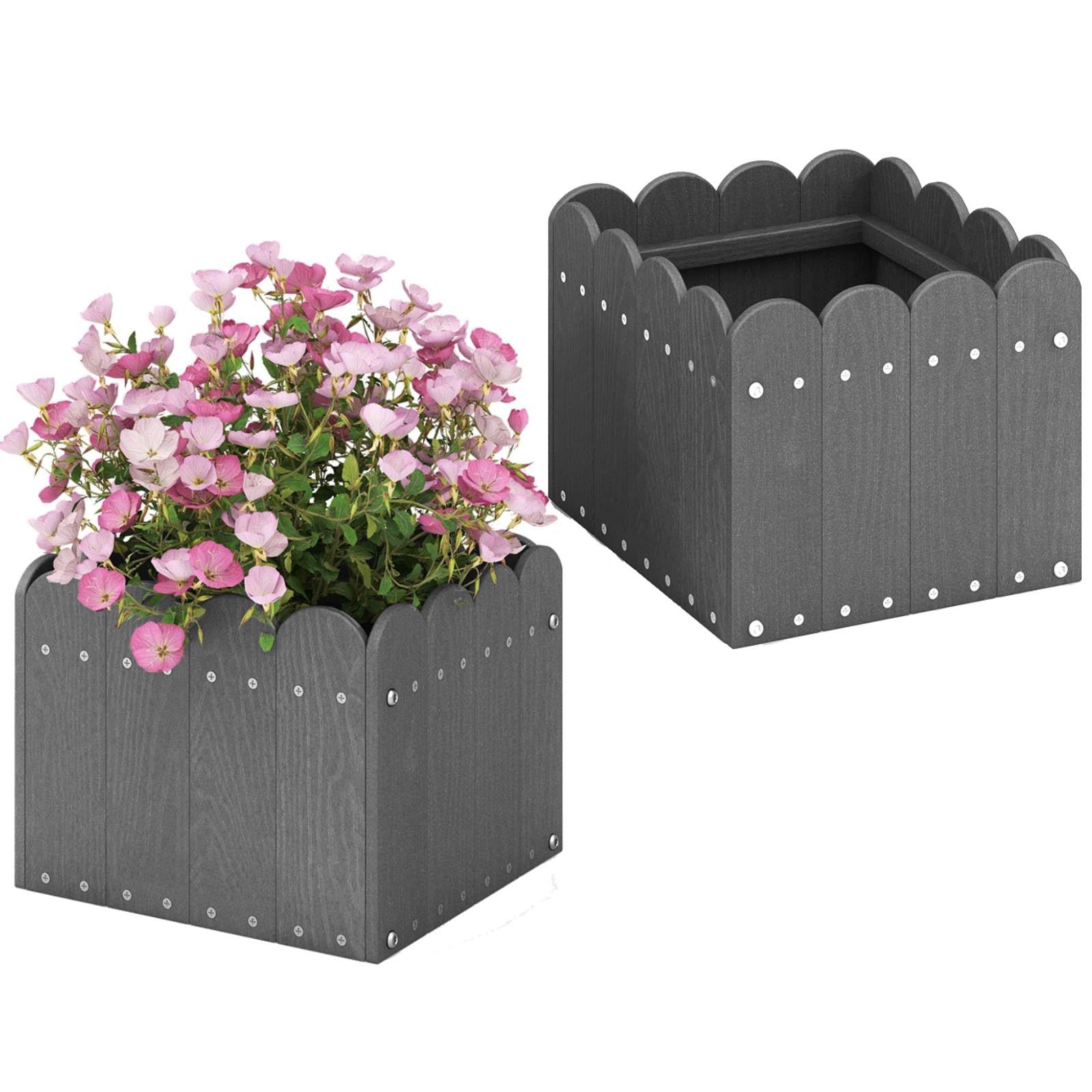 TANGZON Square Planter Box Set of 2, Weather-resistant HDPE Planters Raised Garden Beds with Drainage Gaps, Decorative Flower Pots for Patio Garden Balcony (without elevated legs, 32 x 30 x 25 cm)