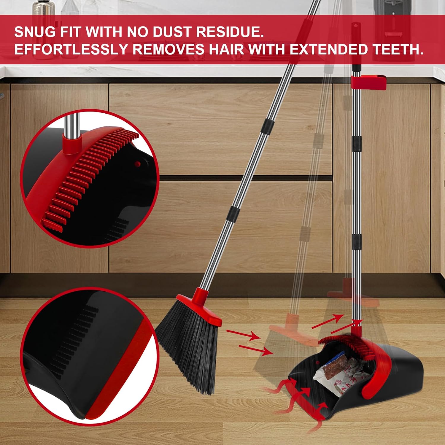 Broom and Dustpan Set, Heavy Duty Large Household Broom with Dustpan Combo Set, 55 Inch Long Handle, Red Dust Pan Combo Set for Home