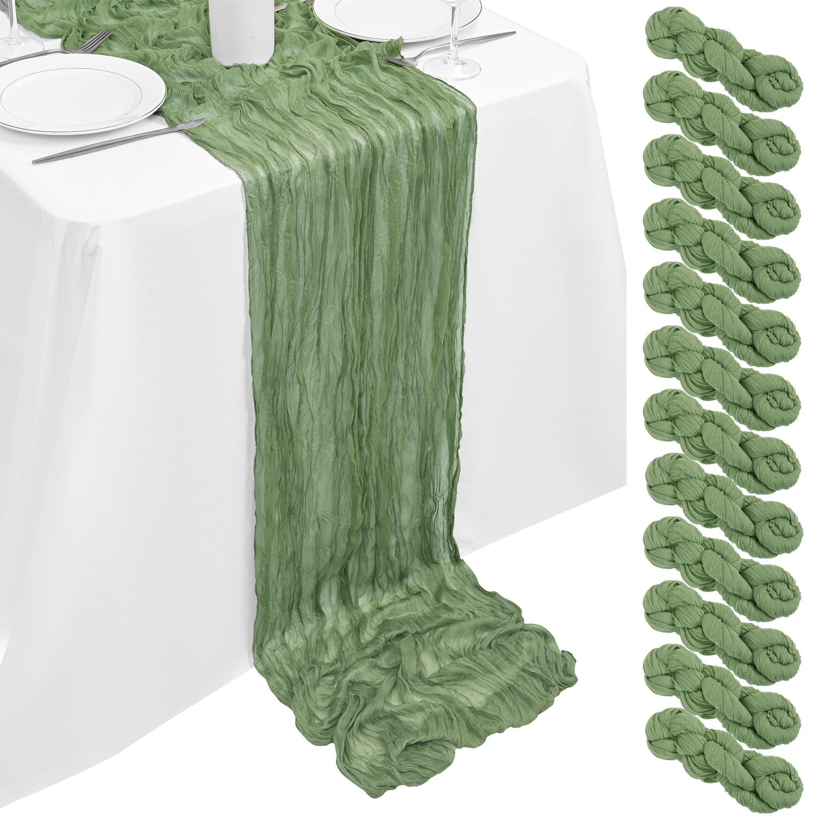 12 Pack Sage Green Cheesecloth Table Runner 10FT, Sage Green Cheese Cloth Table Runner Rustic Gauze Fabric Sheer Boho Wedding Table Decoration for Wedding Reception Bridal Shower Baby Shower(90x300cm)