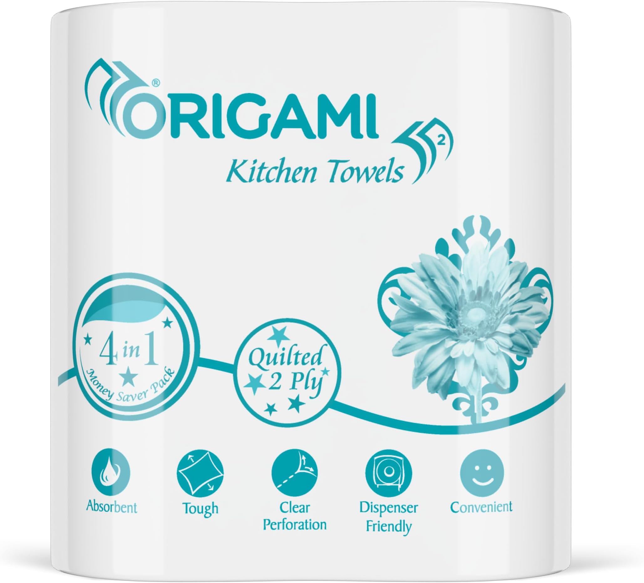 Origami 2 Ply 4 in 1 Kitchen Tissue Paper Roll | Tough, Super Absorbent & Food Safe Tissues for Spotless Cleaning | Ideal for Multi Purpose Use (60 Pulls Per Roll, 240 Sheets)