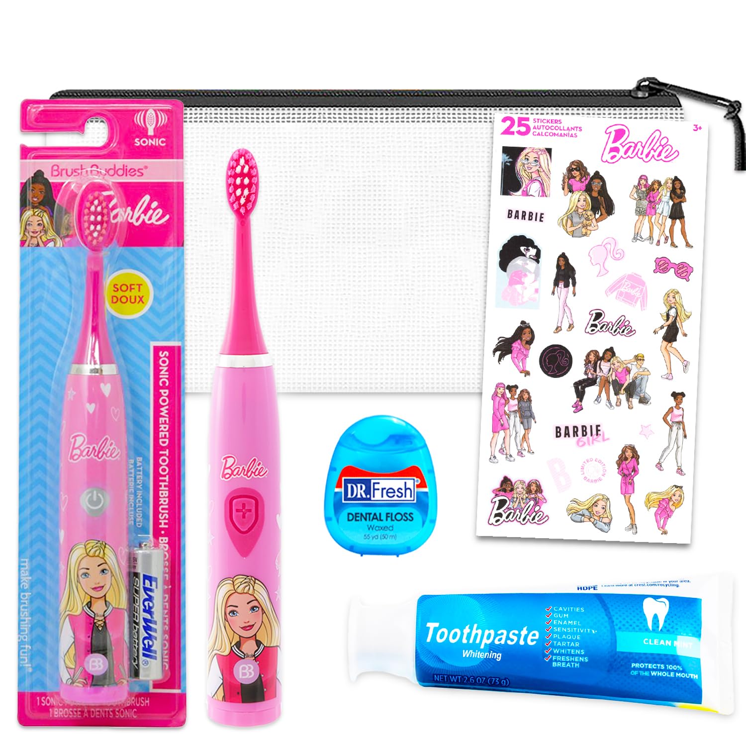 Barbie Oral Care Traveling Kit for Kids - Bundle with a Toothbrush, Toothpaste, Dental Floss, Travel Bag, More for Girls, Toddlers | Barbie Toothbrush